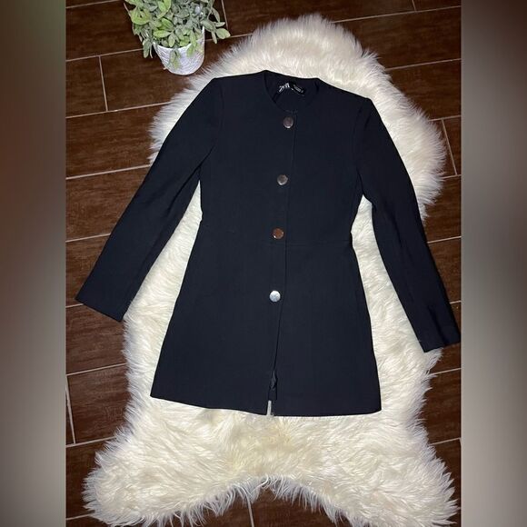 Zara black frock coat collarless blazer with gold buttons sz small - Picture 2 of 12